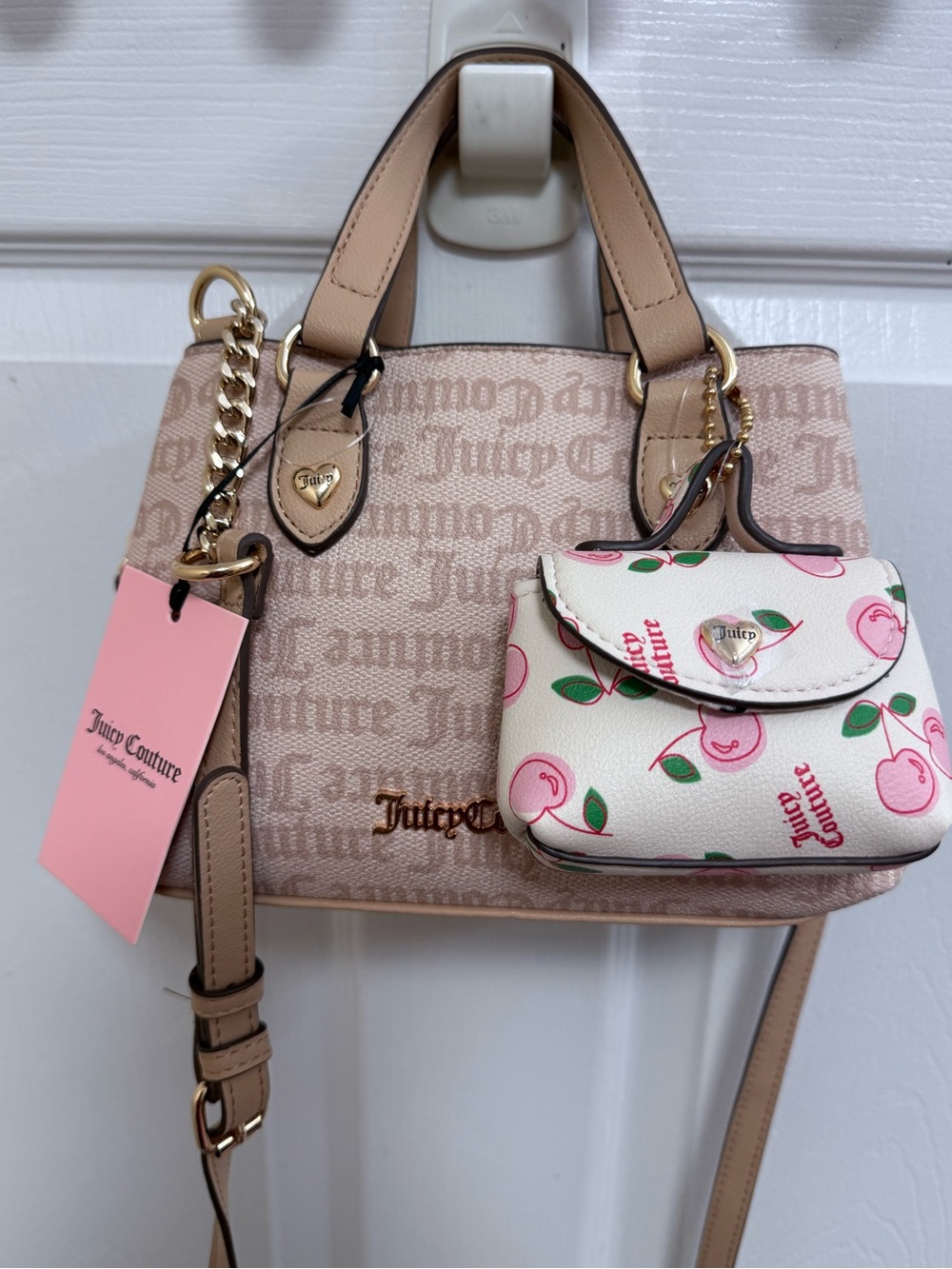 NWT Juicy Couture Sweet Thing II Crossbody in Sandstone w Cherry 🍒 Mini Pouch